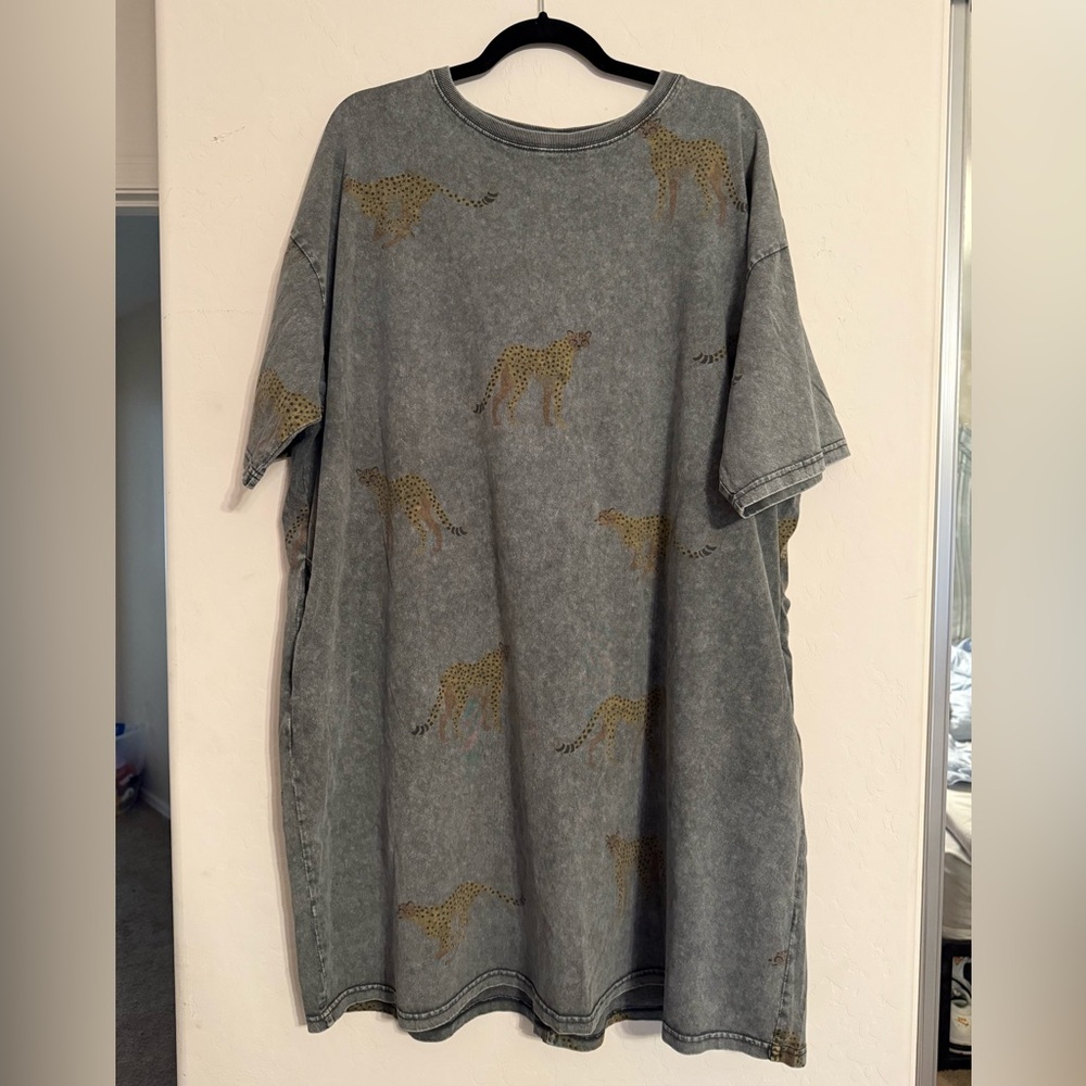 Gray Washed T-Shirt Dress with Cheetahs